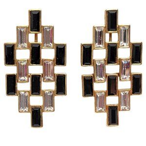 Napier Gold Tone Black Clear Rhinestone Hinged Waffle Clip On Earrings
